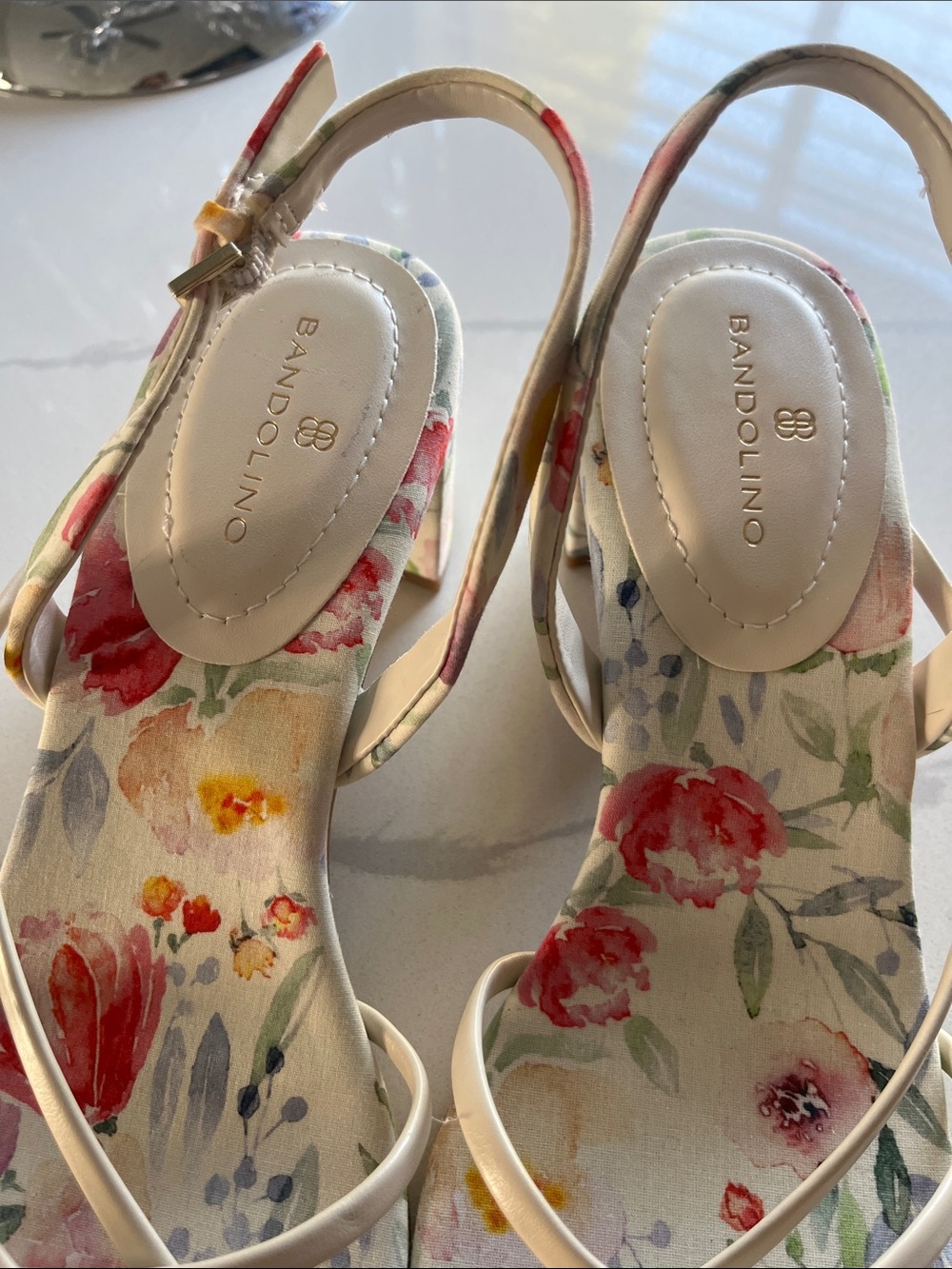 Bandolino Floral Strappy Sandal in Cream with Red and Pink Accents